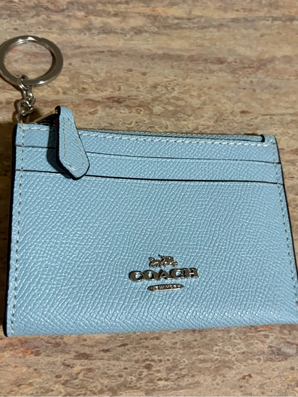 NWOT Coach Light Blue Card Case with Silver hardware and Key Ring